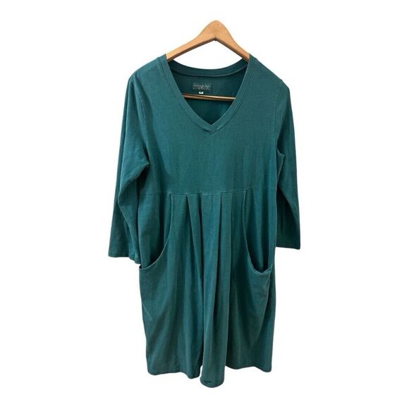 Iridium Dress‎ Womens M Green  Blue Knit V Neck Dress Pockets Pleated Knee - Picture 1 of 8